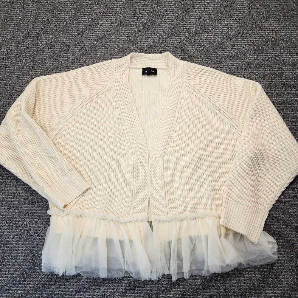 Cream Rib-Knit Open Front Cardigan Tulle Ruffle Hem Coquette Feminine Romantic - Picture 5 of 10